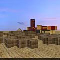 Straw Bales Arranged in Field With Modern Architectural Buildings and Tower