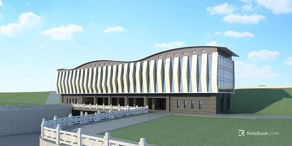 Contemporary Curved Building With Striped Facade Glass Windows Lawn And White Railings 3d model 