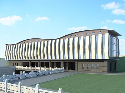 Contemporary Curved Building With Striped Facade Glass Windows Lawn And White Railings 3d model