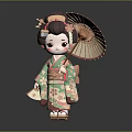 Japanese Geisha Doll Figure With Traditional Hairstyle Cherry Blossom Kimono And Bamboo Umbrella