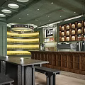 Modern Coffee Shop Interior With Green Walls Wooden Counter Black Benches And Round Lights