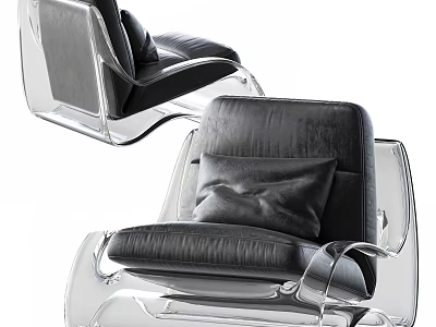 Modern Single Sofa Featuring Transparent Frame And Black Velvet Upholstery With Accent Pillow 3d model