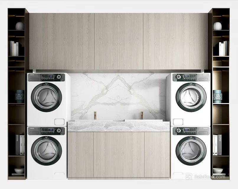Modern Bathroom Cabinet With Washing Machines Marble Countertop And Storage Shelves 3d model 