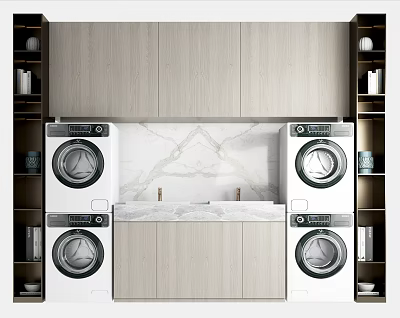 Modern Bathroom Cabinet With Washing Machines Marble Countertop And Storage Shelves 3d model