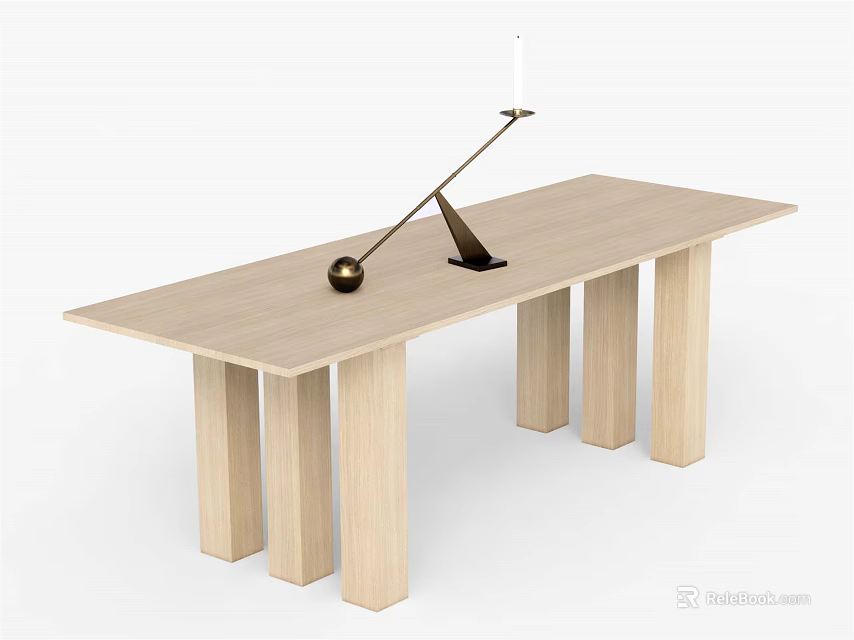 Minimalist Light Wood Dining Table With Brass Sculpture And Rectangular Design 3d model