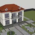 European Style Two Story Detached Villa With Arched Windows Black Roof And Landscaping