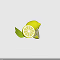 Fresh Lemon With Sliced Pieces And Green Leaves On Black Background