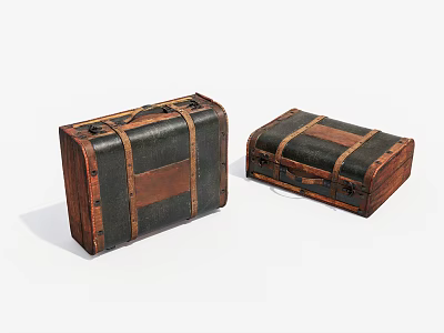 Vintage Wooden Leather Trunks with Metal Accents Two Different Sizes Classic Design Storage Cases 3d model