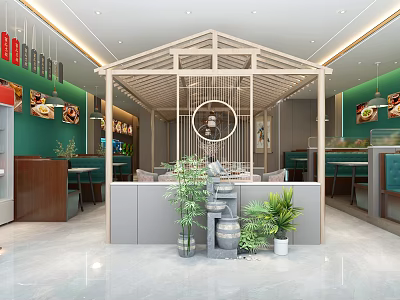 Modern Chinese Restaurant With Wooden Structure Green Plants And Open Dining Area 3d model
