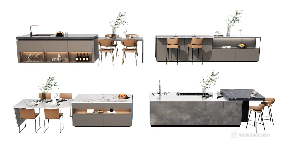 Modern Kitchen Interior With Gray Island Counter Chairs Cabinets And Plants 3d model 