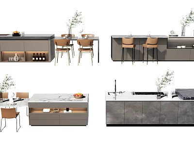 Modern Kitchen Interior With Gray Island Counter Chairs Cabinets And Plants 3d model
