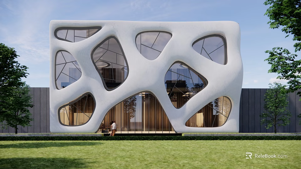 Unique Modern Storefront Design With White Facade Irregular Glass Windows And Green Lawn 3d model