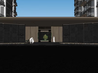 Modern Building Facade With Symmetric Entrance Glass Door Green Plant And Stone Walls 3d model
