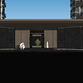 Modern Building Facade With Symmetric Entrance Glass Door Green Plant And Stone Walls