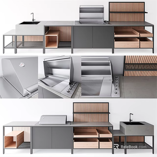 Modern Kitchen Interior With Gray Wooden Cabinets Island Range Hood Drawers And Sink 3d model 