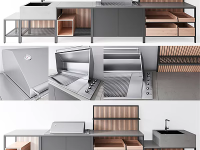 Modern Kitchen Interior With Gray Wooden Cabinets Island Range Hood Drawers And Sink 3d model