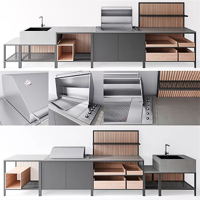 Modern Kitchen Interior With Gray Wooden Cabinets Island Range Hood Drawers And Sink 3d model