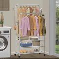 Practical Clothes Rack with Hanging Shirts Folded Towels Books and Shoes in Home Laundry Room