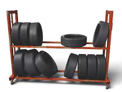 Black Car Tires Stacked On Red Metal Storage Rack With Wheels 3d model