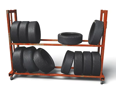Black Car Tires Stacked On Red Metal Storage Rack With Wheels 3d model Black Car Tires Stacked On Red Metal Storage Rack With Wheels 3d model
