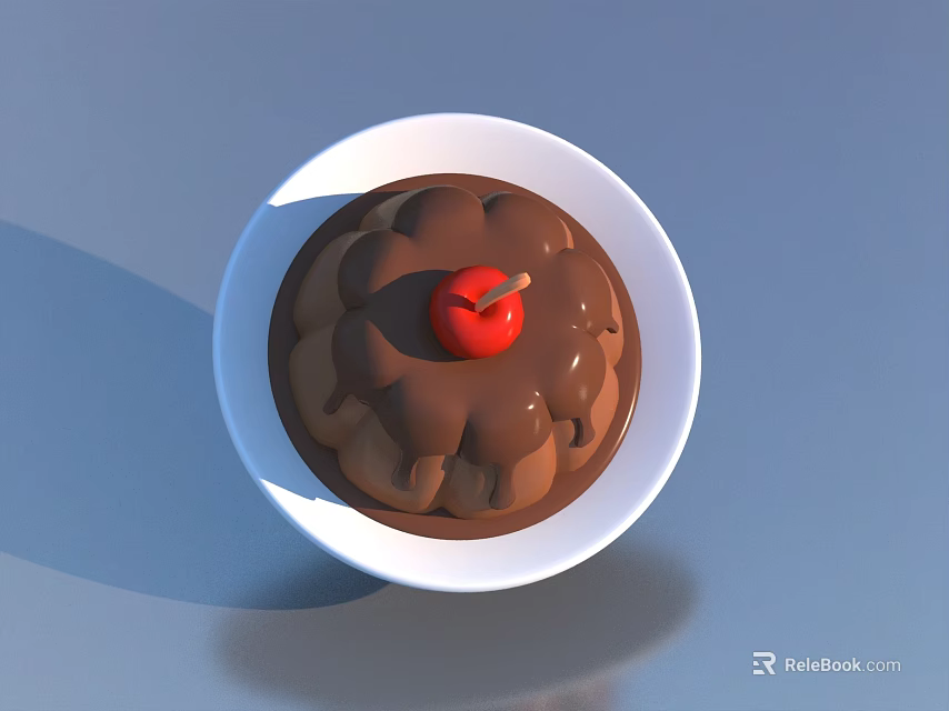 Delicious Chocolate Cake Topped with Cherry and Chocolate Sauce in White Bowl 3d model 