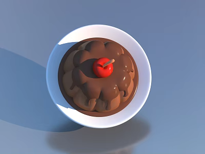 Delicious Chocolate Cake Topped with Cherry and Chocolate Sauce in White Bowl 3d model
