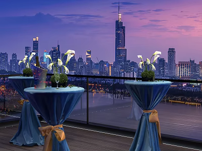 Rooftop Dining Tables with Blue Tablecloth and White Flower Decorations Against City Night View 3d model