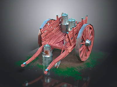 Vintage Red Wooden Milk Cart With Metal Milk Cans And Large Wheels 3d model