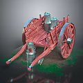 Vintage Red Wooden Milk Cart With Metal Milk Cans And Large Wheels