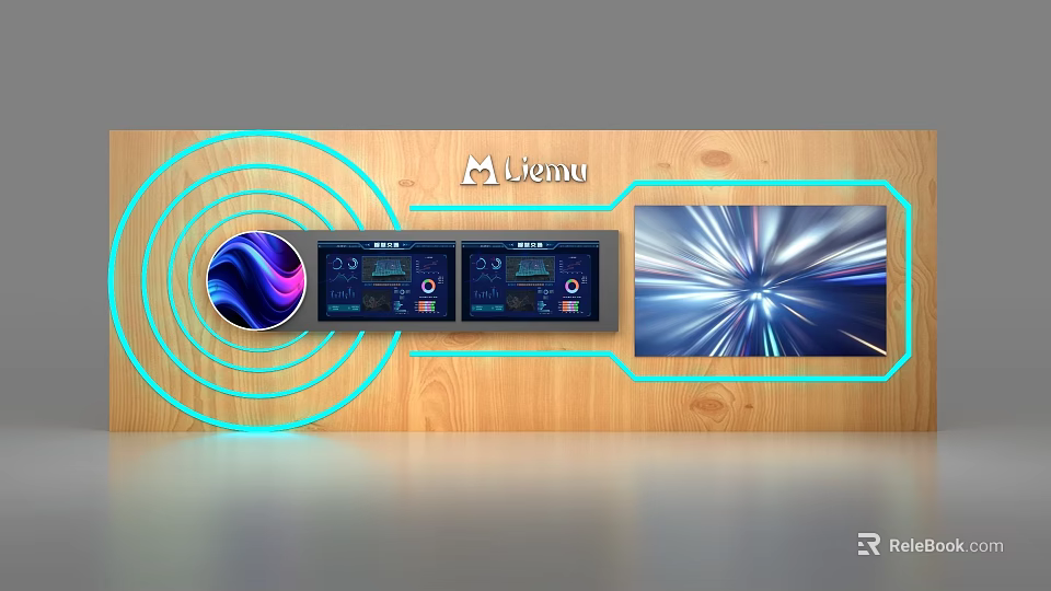 Livenu Display Shelves with Wooden Background and Digital Display Panels 3d model 