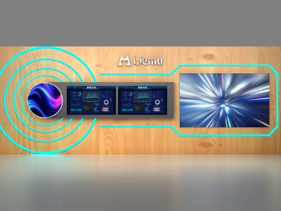 Livenu Display Shelves with Wooden Background and Digital Display Panels 3d model