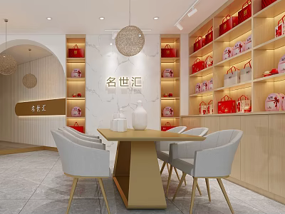 Luxury Bag Store Interior With Display Shelves Seating Area And Decorative Bags 3d model