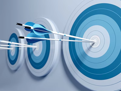 Archery Sports Equipment With Multiple Blue Targets And Arrows Hitting Bullseye 3d model