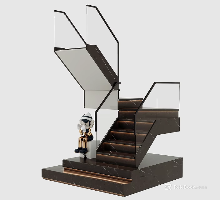 Elegant Modern Staircase Design With Glass Railing Dark Steps And Decorative Figure 3d model 