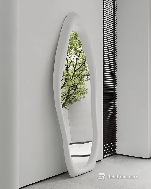 Wavy White Mirror Reflects Tree Near Black Blinds In Minimalist Space 3d model 
