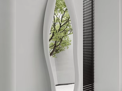 Wavy White Mirror Reflects Tree Near Black Blinds In Minimalist Space 3d model