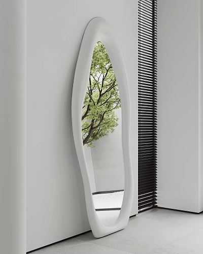 Wavy White Mirror Reflects Tree Near Black Blinds In Minimalist Space 3d model