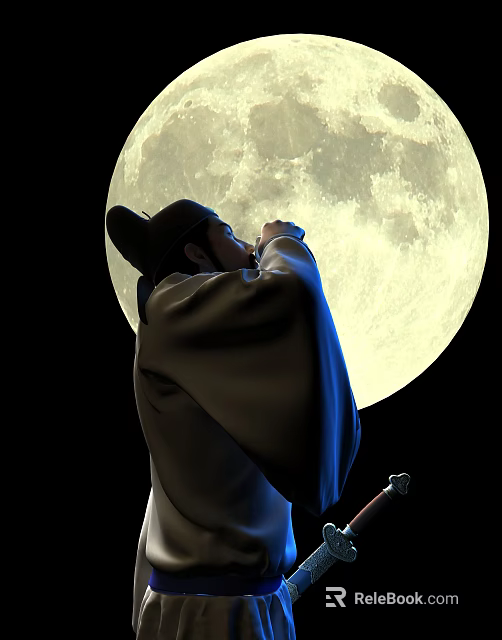 Man in Traditional Clothing Looking Up at Large Full Moon in Night Sky 3d model 