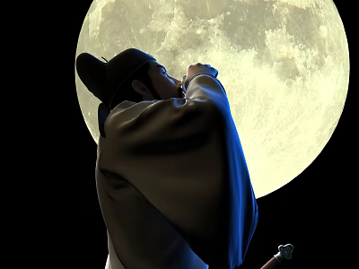 Man in Traditional Clothing Looking Up at Large Full Moon in Night Sky 3d model