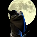 Man in Traditional Clothing Looking Up at Large Full Moon in Night Sky