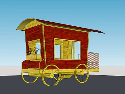 Red And Yellow Wooden Carriage With Curved Roof Windows Small Balcony And Large Wheels 3d model