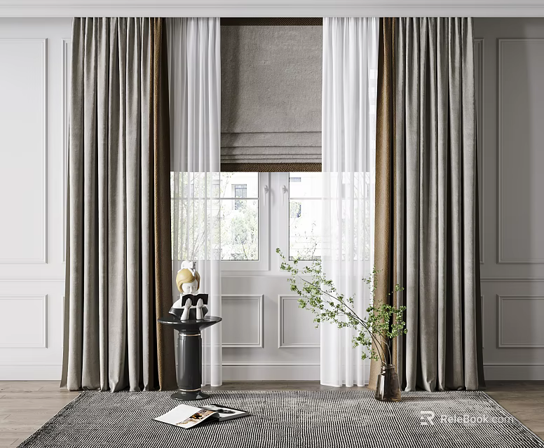 Gray and White Curtains for Modern Window Area with Small Table and Green Plants 3d model 