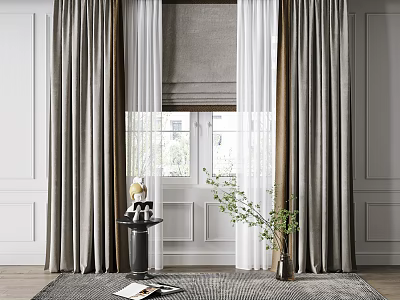 Gray and White Curtains for Modern Window Area with Small Table and Green Plants 3d model