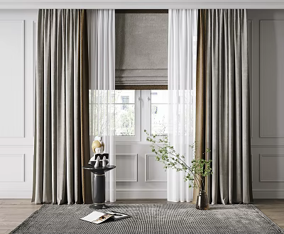 Gray and White Curtains for Modern Window Area with Small Table and Green Plants 3d model