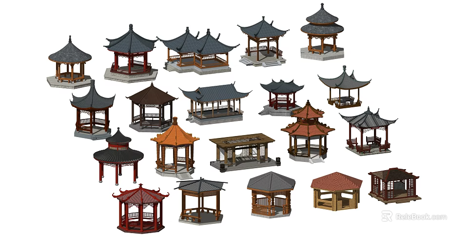 Various Traditional Chinese Pavilion Models With Different Roof Styles And Designs 3d model 
