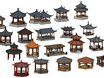 Various Traditional Chinese Pavilion Models With Different Roof Styles And Designs 3d model