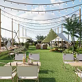 Beautiful Garden Landscape With Outdoor Dining Area String Lights Tents And Green Grass 3d model