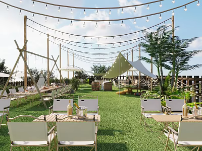 Beautiful Garden Landscape With Outdoor Dining Area String Lights Tents And Green Grass 3d model