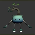 Anthropomorphic Blue Pot Character With Small Tree Arms Legs And Sad Expression