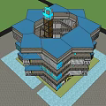 Hexagonal Guesthouse Building With Blue Roof And Multi Story Design Central Courtyard And Paved Ground